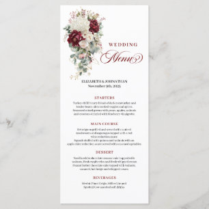 Boho Burgundy White Floral Wedding Menu Card