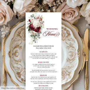 Boho Burgundy White Floral Wedding Menu Card