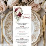 Boho burgundy white gold floral wedding menu card<br><div class="desc">✅ For matching items search 208W in my collections ✅ Complete your reception tablescape with this boho wedding menu, featuring watercolor burgundy and white roses with shimmering gold leaves. Designed in a sophisticated palette of burgundy, marsala, maroon, deep red, dark red, crisp white, and metallic gold, this menu combines boho...</div>