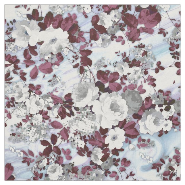 Boho burgundy white pastel marble floral pattern fabric (Swatch)