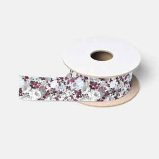 Boho burgundy white pastel marble floral pattern satin ribbon