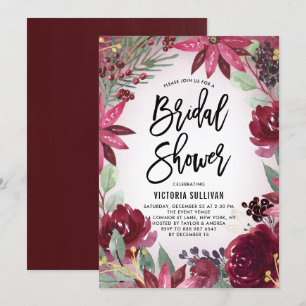 Boho Burgundy Winter Floral Frame Bridal Shower Invitation
