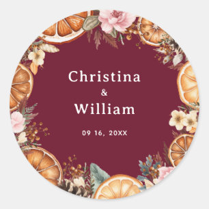 Boho Burgundy Winter Holiday Floral Wedding Classic Round Sticker