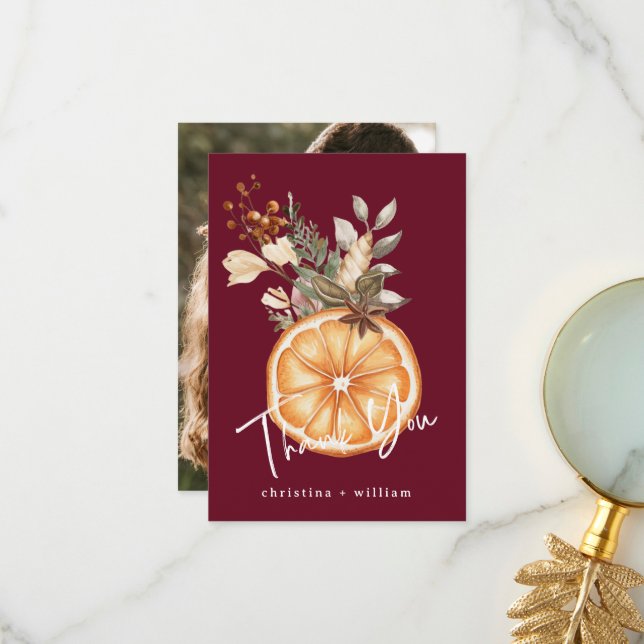 Boho Burgundy Winter Holiday Wedding Dried Orange Thank You Card (Front/Back In Situ)