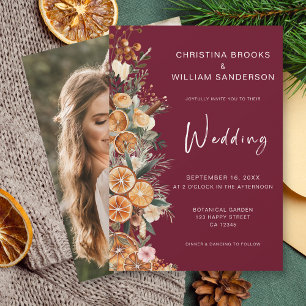 Boho Burgundy Winter Holiday Wedding Photo Invitation