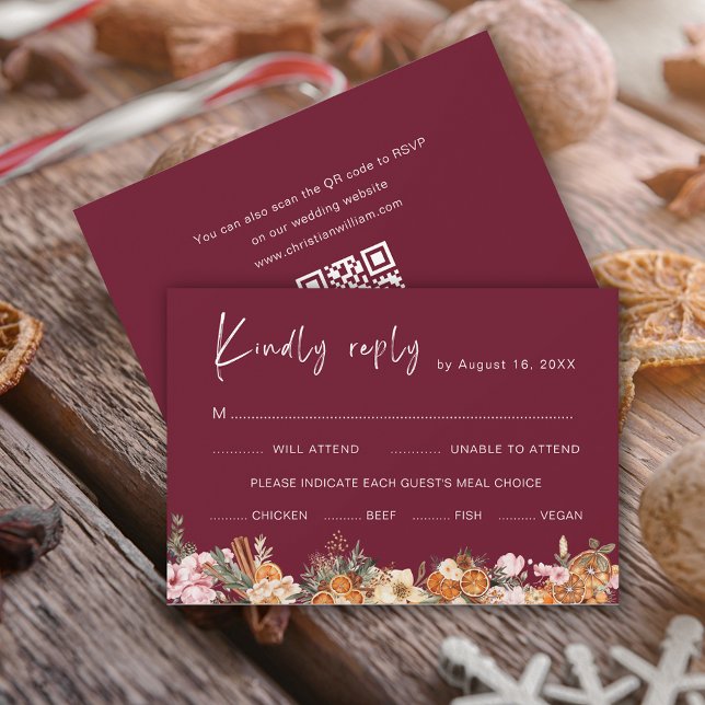 Boho Burgundy Winter Holiday Wedding QR Code RSVP Card (Creator Uploaded)