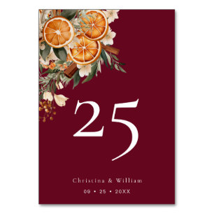 Boho Burgundy Winter Holiday Wedding Table Number