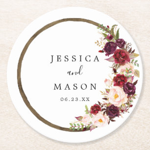 Boho Burgundy Wreath Wedding Coasters