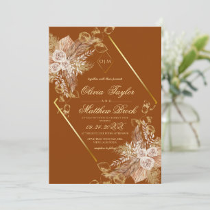 Boho Burn Orange Diamond Gold Wedding Invitation