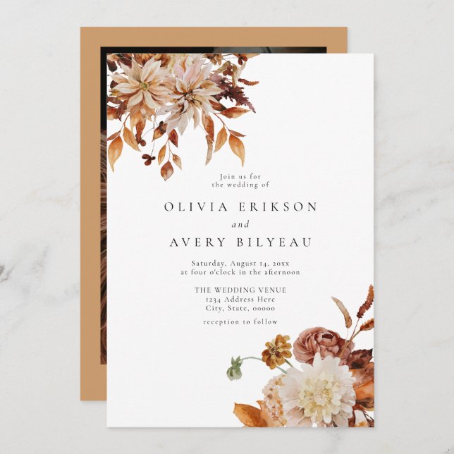Boho Burnt Orange Autumn Fall Floral Photo Wedding Invitation (Front/Back)