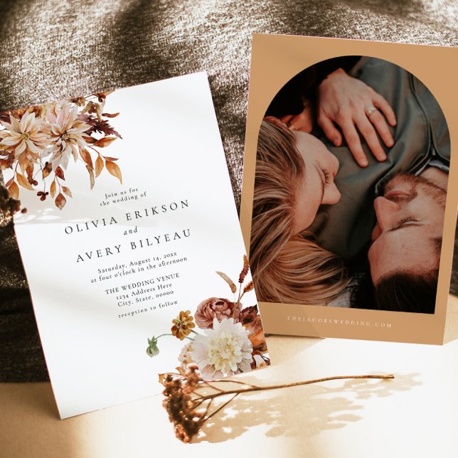 Boho Burnt Orange Autumn Fall Floral Photo Wedding Invitation (Creator Uploaded)
