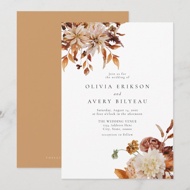 Boho Burnt Orange Autumn Fall Floral Wedding Invit Invitation (Front/Back)