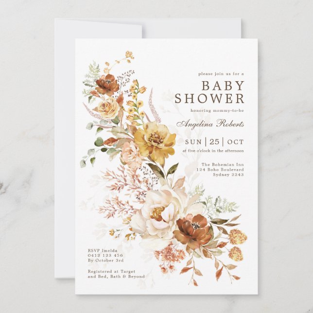 Boho Burnt Orange Butterscotch Flower Baby Shower Invitation (Front)
