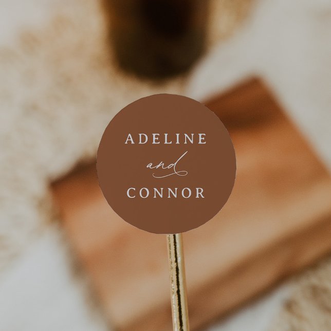 Boho Burnt Orange Calligraphy Wedding Classic Round Sticker (Creator Uploaded)
