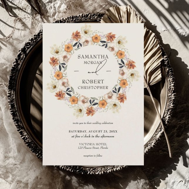Boho burnt orange copper wildflowers wreath  invitation (Boho burnt orange copper wildflowers wreath invitation)