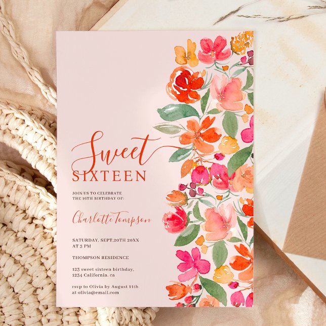 Boho burnt orange earth tone floral chic sweet 16 invitation (Boho burnt orange earth tone floral chic sweet 16 invitation on pink)
