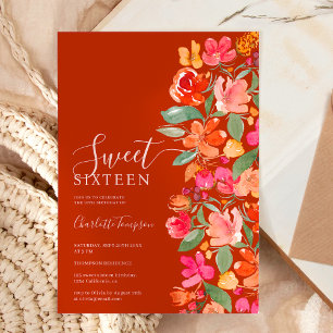 Boho burnt orange earth tone floral chic sweet 16 invitation