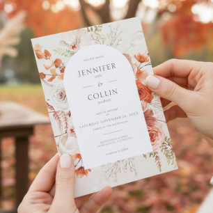 Boho Burnt Orange Fall Floral Arch Monogram Beige Invitation