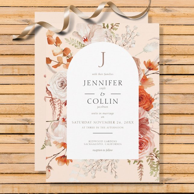 Boho Burnt Orange Fall Floral Arch Monogram Peach Invitation (Creator Uploaded)