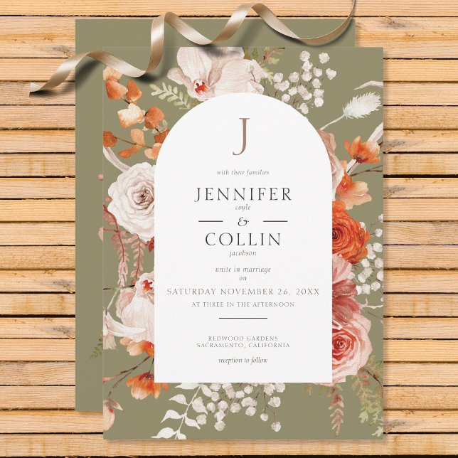 Boho Burnt Orange Fall Floral Arch Monogram Sage Invitation (Creator Uploaded)
