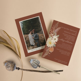 BOHO Burnt Orange Fall Floral Pampas Grass Elegant Invitation