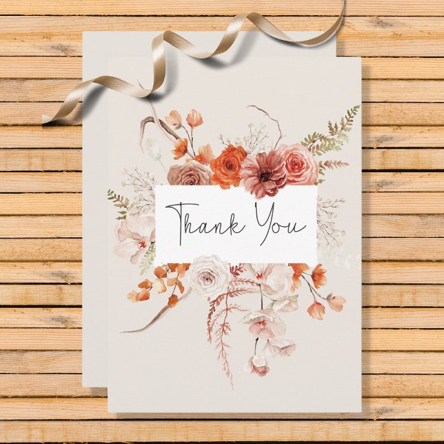 Boho Burnt Orange Floral Arch Monogram Beige Thank You Card (Creator Uploaded)