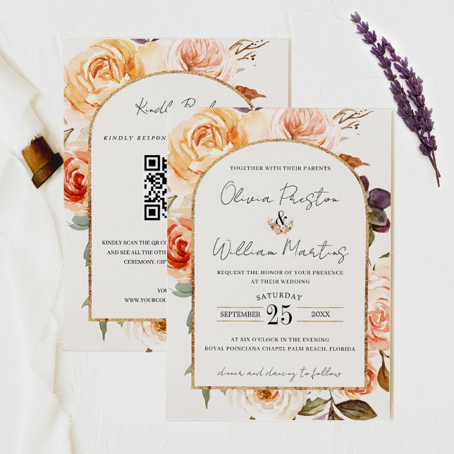 Boho Burnt Orange Floral Arch QR Code RSVP Wedding Invitation (Creator Uploaded)