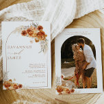 Boho Burnt Orange Floral Arch Wedding Invitation<br><div class="desc">Boho Burnt Orange Floral Arch Wedding Invitation

This bohemian style wedding invitation features two burnt orange floral arrangements with pampas grass and a line arch.  The back of the invitation features the couples photo also in an arch and some details.</div>