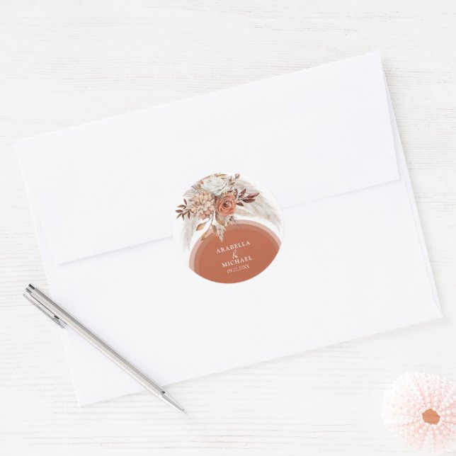Boho Burnt Orange Floral & Pampas Grass Wedding Classic Round Sticker (Envelope)