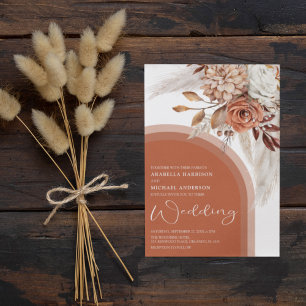 Boho Burnt Orange Floral & Pampas Grass Wedding Invitation