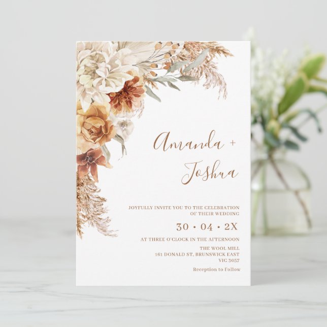 Boho Burnt Orange Floral Pampas Grass Wedding Invitation (Standing Front)