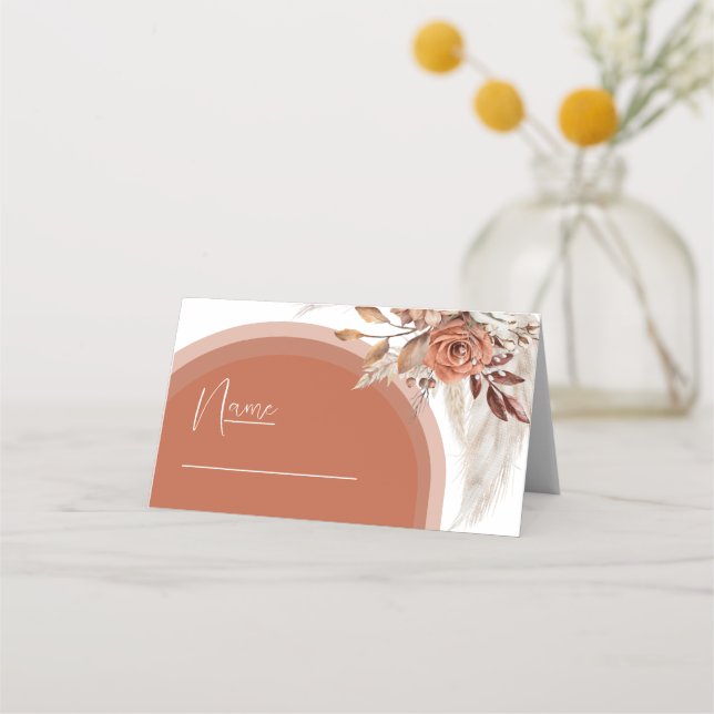 Boho Burnt Orange Floral & Pampas Grass Wedding Place Card (Front)