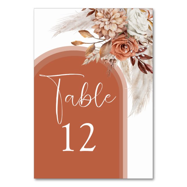 Boho Burnt Orange Floral & Pampas Grass Wedding Table Number (Front)
