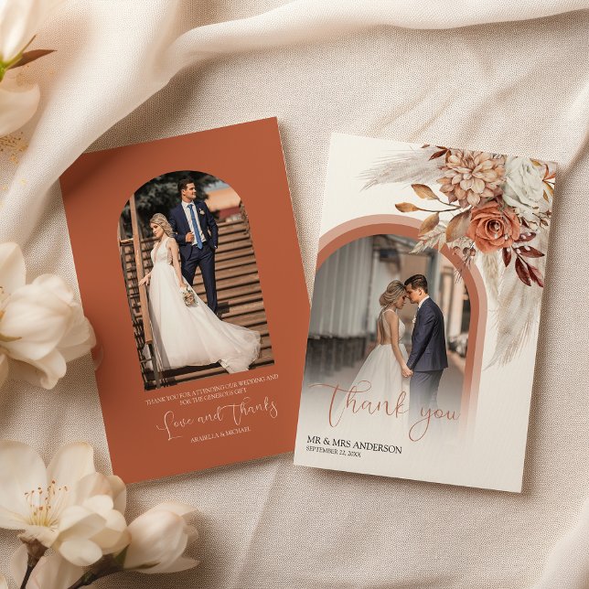 Boho Burnt Orange Floral & Pampas Photo Thank You Card (Creator Uploaded)