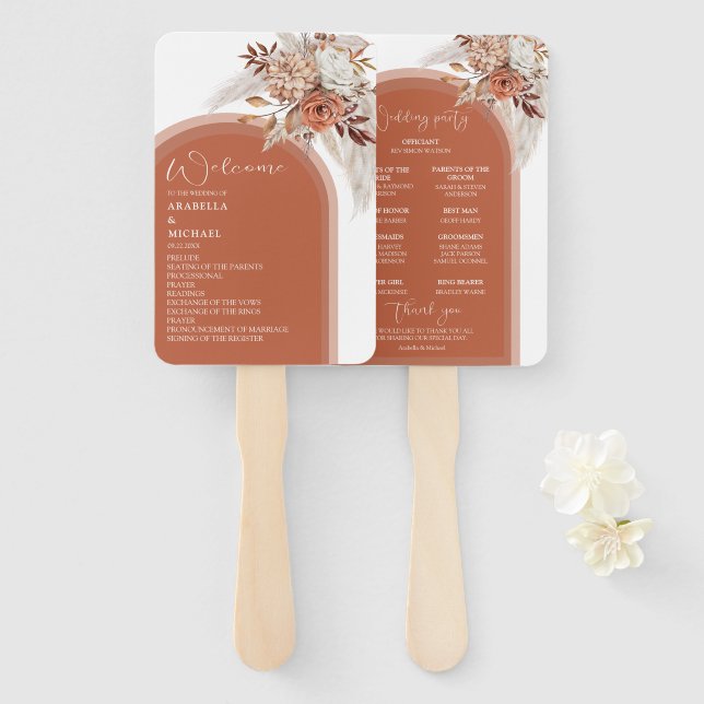 Boho Burnt Orange Floral & Pampas Wedding Program Hand Fan (Front and Back)
