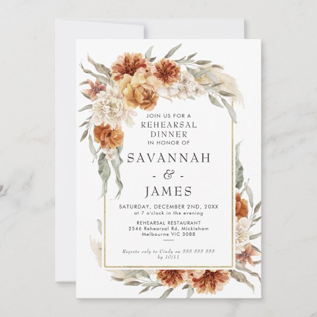 Boho Burnt Orange Floral Rehearsal Dinner Invitation (Front)