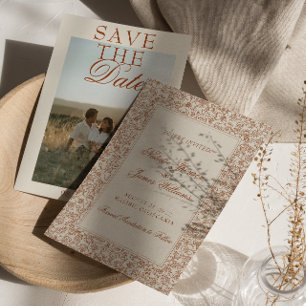 Boho Burnt Orange Floral Terracotta Photo Wedding  Save The Date