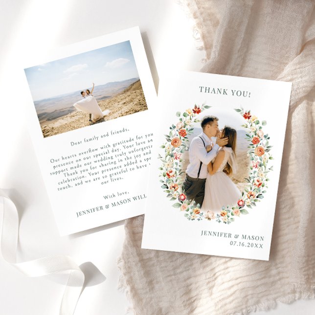 Boho burnt orange flower wreath Wedding Photo Thank You Card (Creator Uploaded)