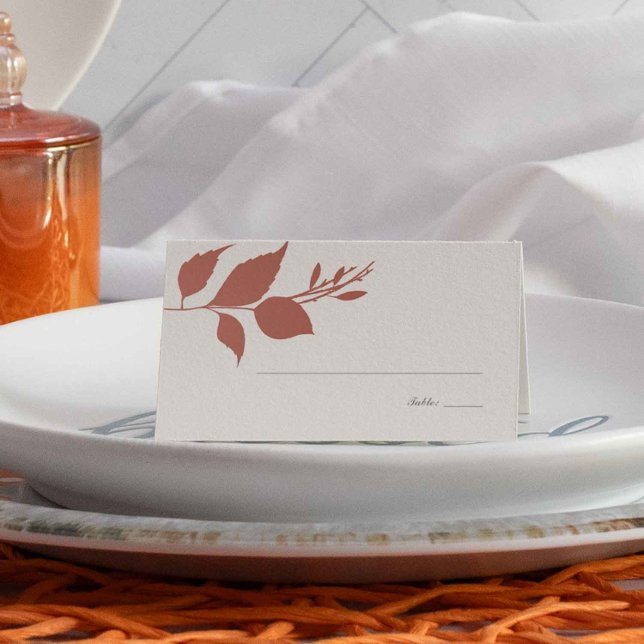 Boho Burnt Orange Foliage Wedding Place Card (Thanksgiving place cards for weddings and autumn celebrations. Unique art by Victoria Grigaliunas)