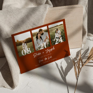 Boho Burnt Orange Modern Three Photos Wedding Save The Date