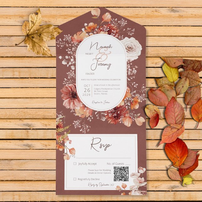 Boho Burnt Orange Rust Fall Floral QR Code All In One Invitation (Creator Uploaded)