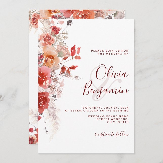 Boho Burnt Orange Rust Red Floral Pampas Wedding Invitation (Front/Back)