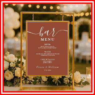 Boho Burnt Orange Terracotta Wedding Bar Menu  Poster