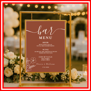 Boho Burnt Orange Wildflowers Wedding Bar Menu Poster