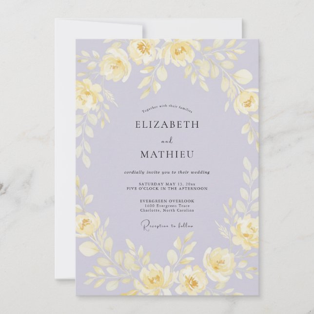 Boho Butter Periwinkle Wreath Wedding Invitation (Front)