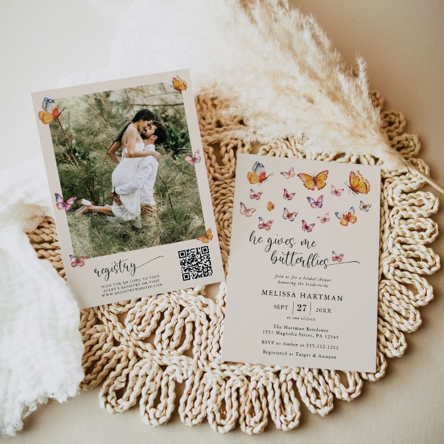 Boho Butterflies Photo Qr Code Bridal Shower Invitation (Creator Uploaded)