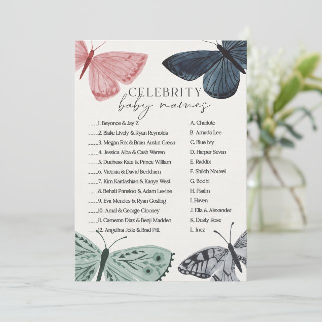 Boho Butterfly Baby Shower Famous Names Game Invitation (Standing Front)