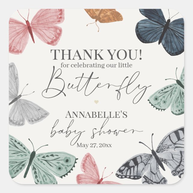 Boho Butterfly Baby Shower Party Dessert Favour Square Sticker (Front)
