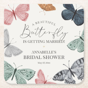 Boho Butterfly Bridal Shower Barware for Bride Square Paper Coaster