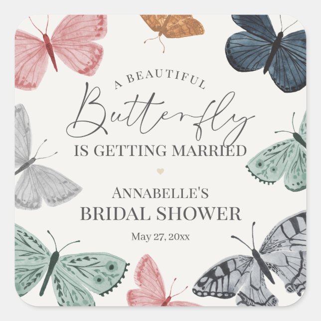 Boho Butterfly Bridal Shower Invite Envelope Favou Square Sticker (Front)